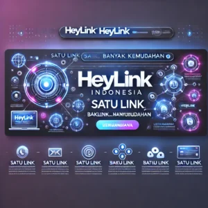 Heylink Indonesia - Satu Link, Banyak Kemudahan. Desain modern dengan tampilan digital futuristik, ikon manajemen tautan, analitik, dan pemasaran digital dengan latar belakang neon biru dan ungu.